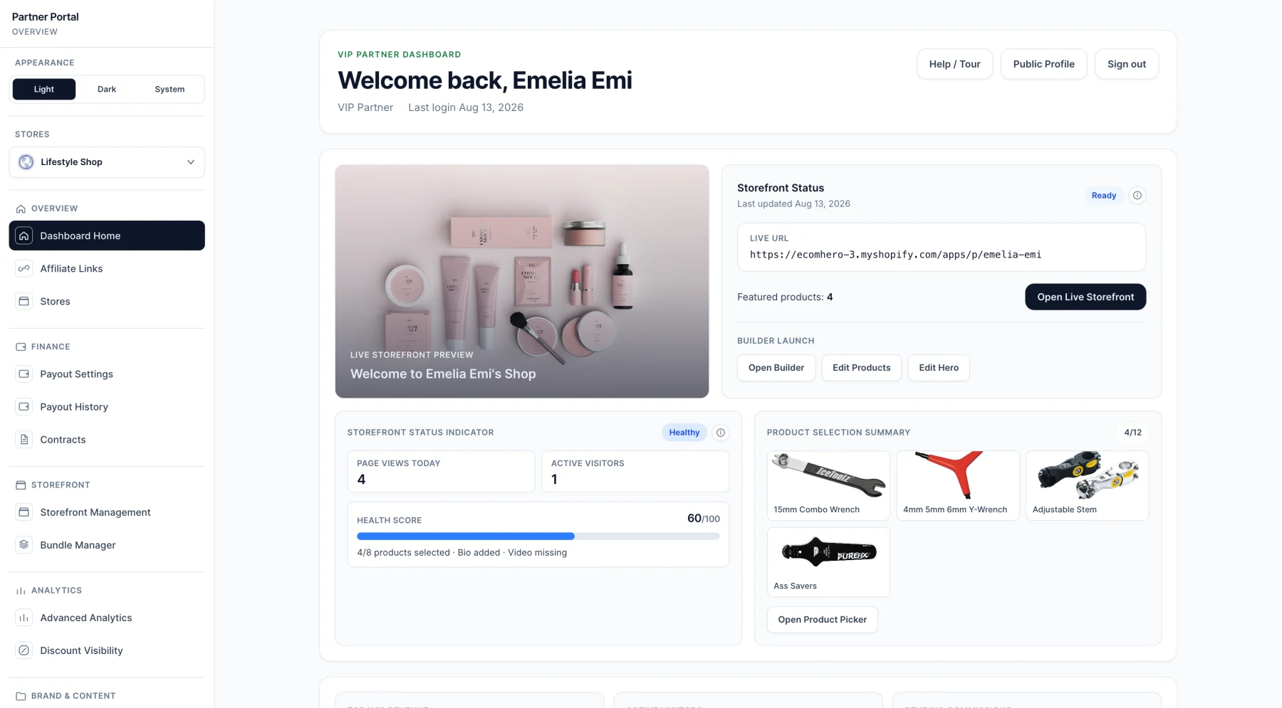 Affilyn partner portal showing storefront status, featured products, health score, and partner tools